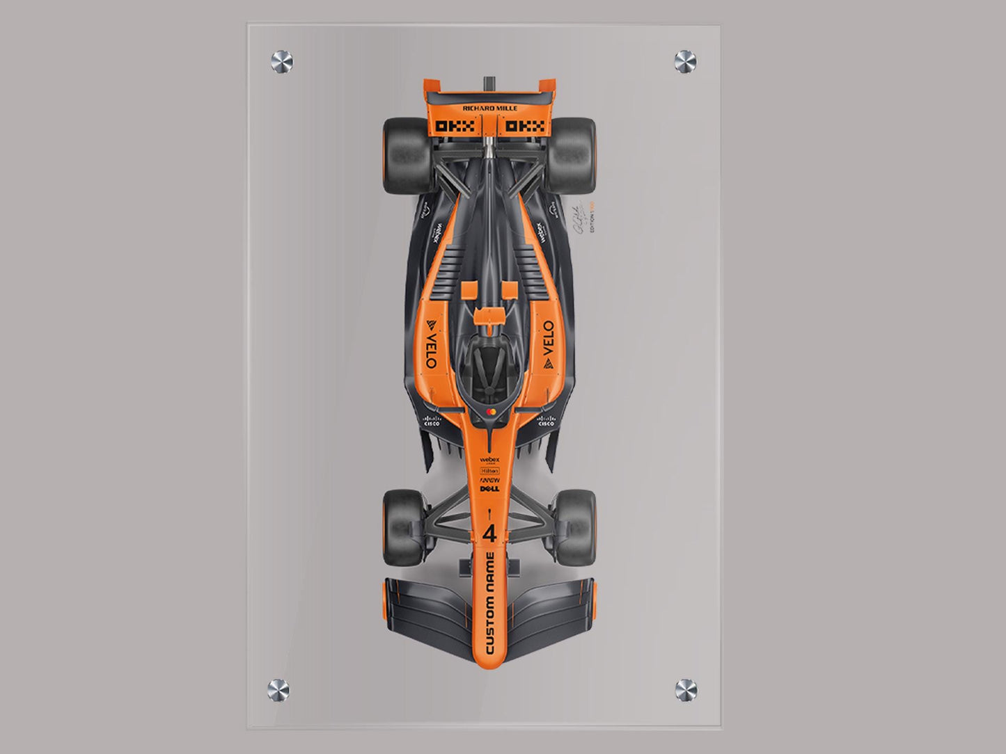 Personalized F1 car wall art featuring a top-view racecar with custom name, printed on 24x36 inch clear acrylic with standoffs