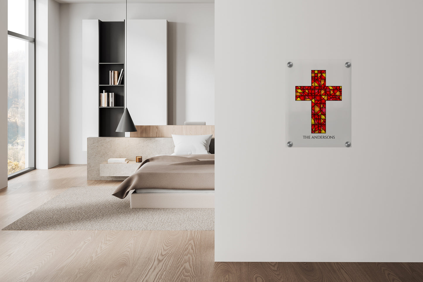 Personalized 12x16 inch cross wall art printed on clear 1/4 inch acrylic with vibrant stained glass style and silver standoffs