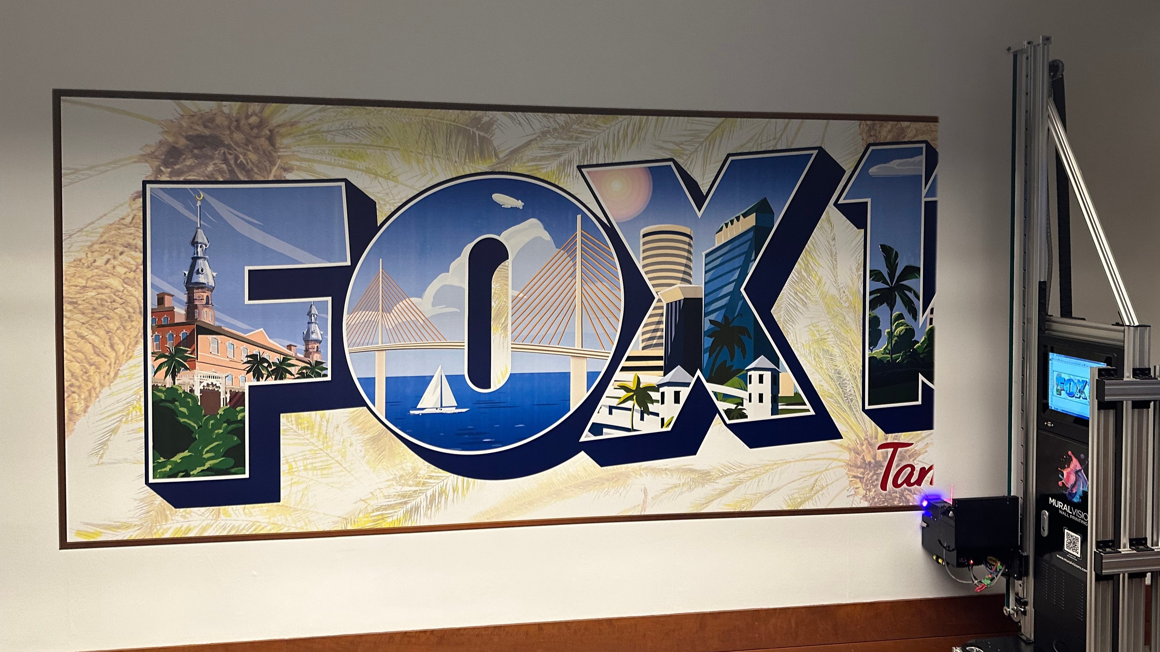 13-foot mural printed on FOX13 Tampa conference room wall using Mural Visions direct-to-wall printer