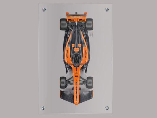 Personalized F1 car wall art featuring a top-view racecar with custom name, printed on 24x36 inch clear acrylic with standoffs
